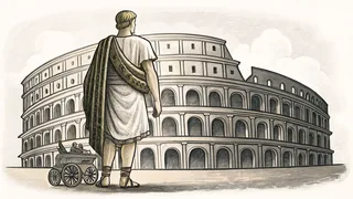 Gladiator in armor and toga standing before the massive Roman Colosseum with chariot and aqueduct arches.