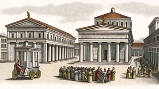Ancient Roman forum with columns, chariot, and citizens in togas.