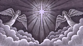 Ethereal angelic figures radiating within divine light and billowing clouds.