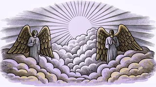 Celestial imagery with glowing wings, halos, and radiant light representing heaven.