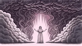 An angry figure engulfed by swirling red flames and ominous dark storm clouds.