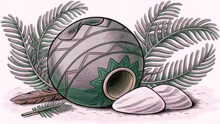 A clay pot beside two pale stones and a feather, among fern fronds.