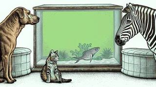 Dog, cat, and bird around fish tank with zebra watching in background