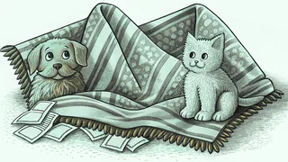 A playful puppy and fluffy kitten sit together on a blanket in sunlight.