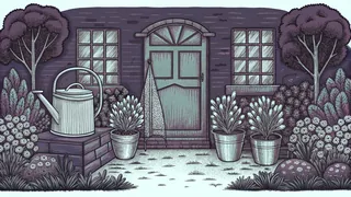 A cottage garden scene with a watering can, butterfly net and stacked flowerpots.