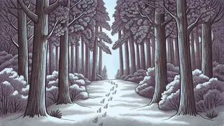 Paw and hoof prints marking snow where fox and rabbit wander through winter woods.