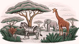 Wild animals of the African savanna gathered in their natural habitat.