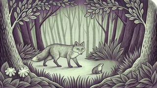 A fox and chipmunk leap through woodland near flowing water.