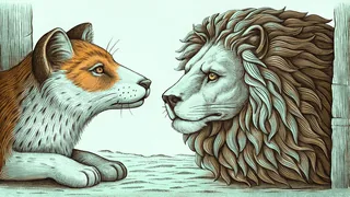A clever fox facing down a majestic lion from classical fables.