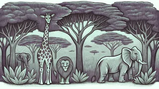 African wildlife including giraffes, lions, and elephants on the vast savanna.