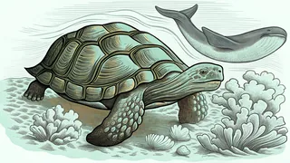A wise old tortoise and a whale representing creatures that live centuries.