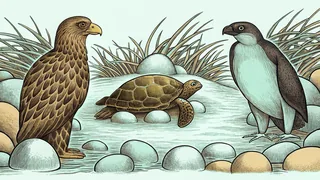 An eagle, penguin, and turtle gathered around scattered eggs on a shore.