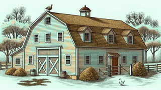 A farm scene with cattle and chickens beside a fishing boat displaying crabs and fish.