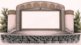 An elegant theater marquee with empty lettering space above vintage cinema seating rows.