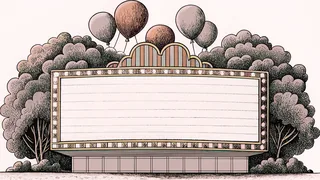 A blank theatre marquee with floating balloons creates a festive carnival scene along a midway.