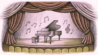 A theatrical stage with a grand piano and animated musical notes in warm lighting.