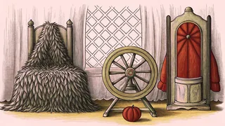 A dark feathered cloak drapes over a carved chair beside a spinning wheel and a small gourd.
