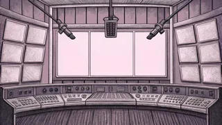 A studio camera and boom microphone are suspended above a complex control console with illuminated switches and buttons.