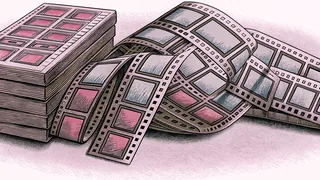 A stack of layered animation cels with translucent panels, beside looping ribbons of film strip.