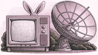 Television and satellite transmission equipment displayed on a broadcast control-room workstation.