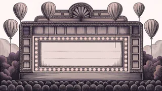 A blank theatre marquee with colorful balloons floats above a ticket booth structure on a bright carnival midway.