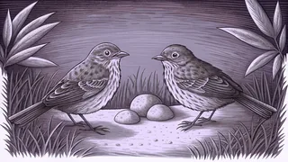 Two small birds stand facing each other beside three rounded stones on a patch of sandy dust.