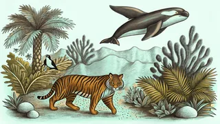 A tiger prowls near an orca whale and soaring golden eagle.