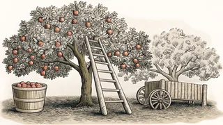 Orchard scene with ladder propped against a fruit tree.