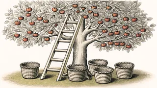 A wooden ladder leans against an apple tree beside wicker baskets brimming with fruit.