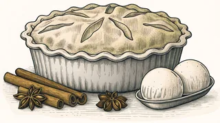 A homemade apple pie with a flaky crust cooling beside a scoop of melting ice cream.