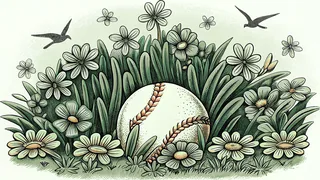 Spring flowers bloom while migratory birds return and a baseball rests in green grass.