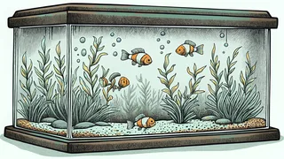 Colorful tropical fish swimming among coral in an aquarium.