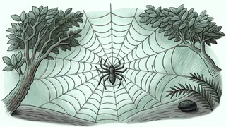 A delicate spider web catches morning dew beside a scorpion resting on tree bark.