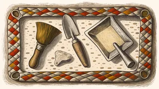 A trowel and brush rest beside a broken potsherd in a squared excavation trench.