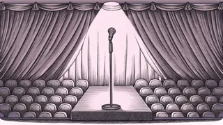 A concert stage features a microphone at center with musical instruments arranged behind and spotlights shining overhead.