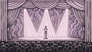 A concert stage with a singer at the microphone under swirling colored stage lights.