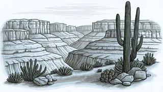 The Grand Canyon with iconic saguaro cacti stretching across the desert.