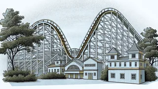 An amusement park scene with colorful rides and exhilarated visitors.