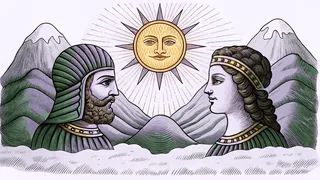 Armenian mythological figures watching over sacred mountains, stars, and the celestial realm.