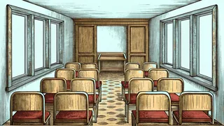 A bright classroom with a wooden chair pulled up to a desk on a patterned carpet by the window.