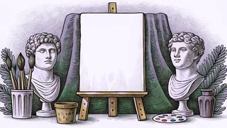 An artist's studio with an easel, canvas, brushes, and colorful art supplies.