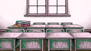 A bright classroom shows wooden student desks beside colorful cubbies near a sunny window.