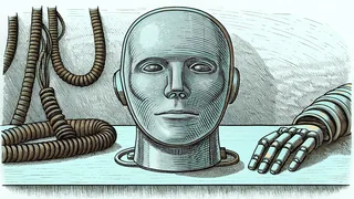 A robot head and mechanical hand on a workbench with coiled cables.