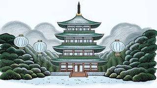 A tiered pagoda and paper lanterns set among misty mountains.