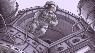 Astronaut in a white suit tethered to a spacecraft, floating in space above the planet below.