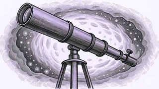 A brass telescope on a tripod points into a night sky lit by a spiral galaxy and a nebula.