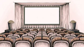 Rows of red velvet cinema seats face a blank glowing screen, a tub of popcorn in front.