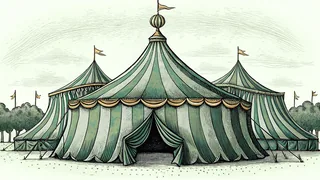 A circus scene with performers, trapeze artists, and audience.