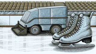 A Zamboni smooths fresh ice as figure skates wait at the rink's edge.