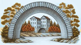 A distinctive arched gateway stands near a leafy park with a flowing creek